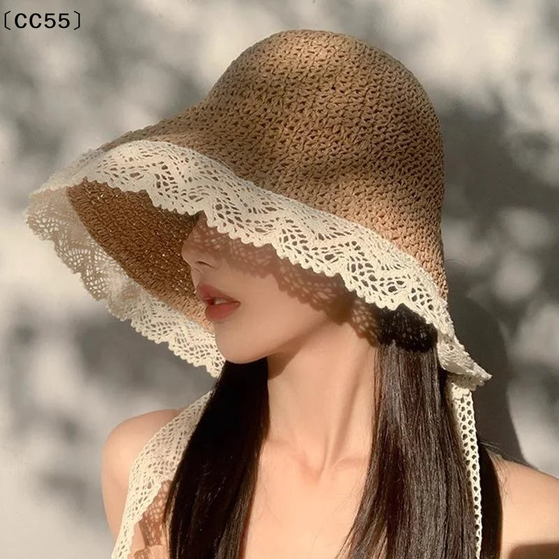Women's Wide Brim Lace Straw Sun Hat – Foldable Beach UV Hat Straw Sun Hat Qst