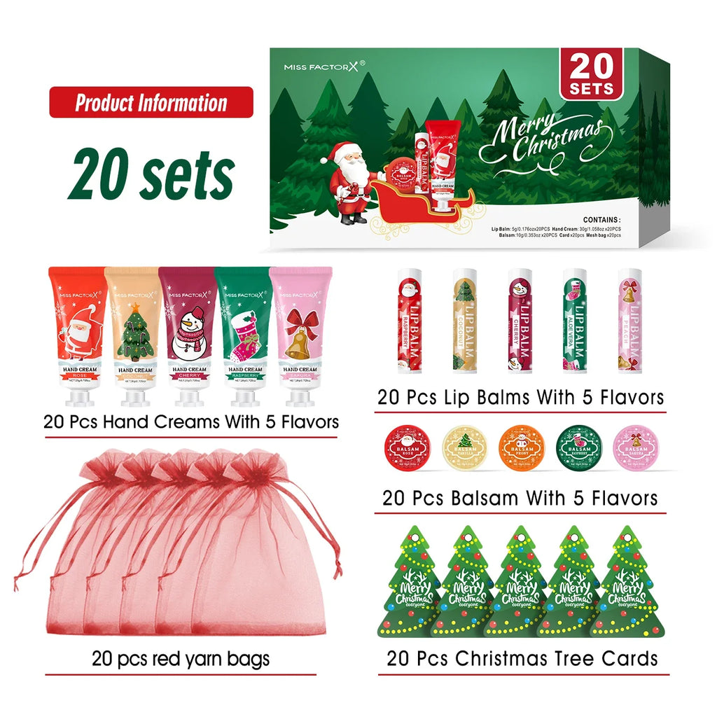 Christmas Beauty Gift Set 20pc – Lip Balm, Hand Cream & Lipstick Holiday Beauty Gift Set Qme 20 sets