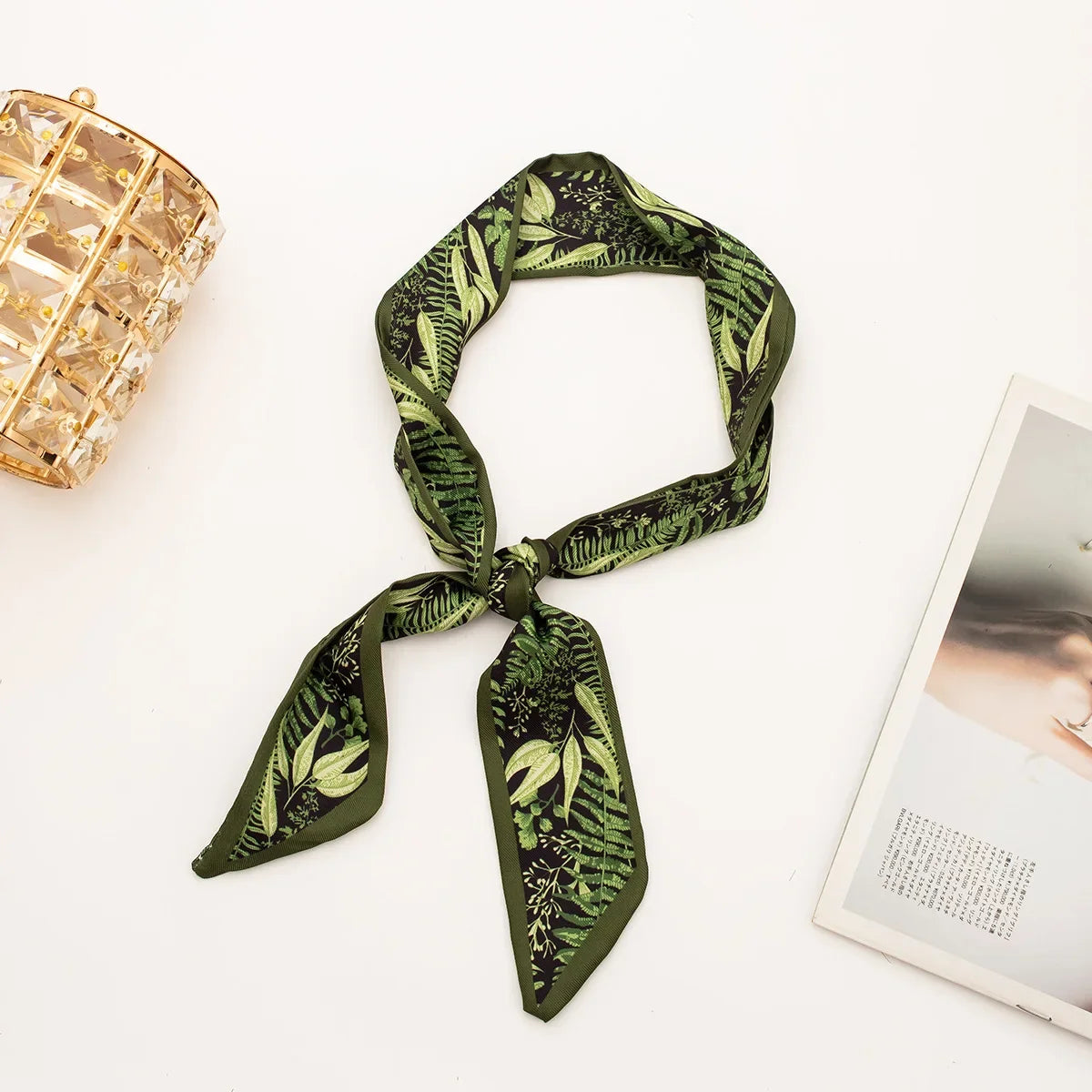 Women's Skinny Ribbon Scarf – Printed Polyester Hair Tie & Headscarf Ribbon Hair Scarf Qme green