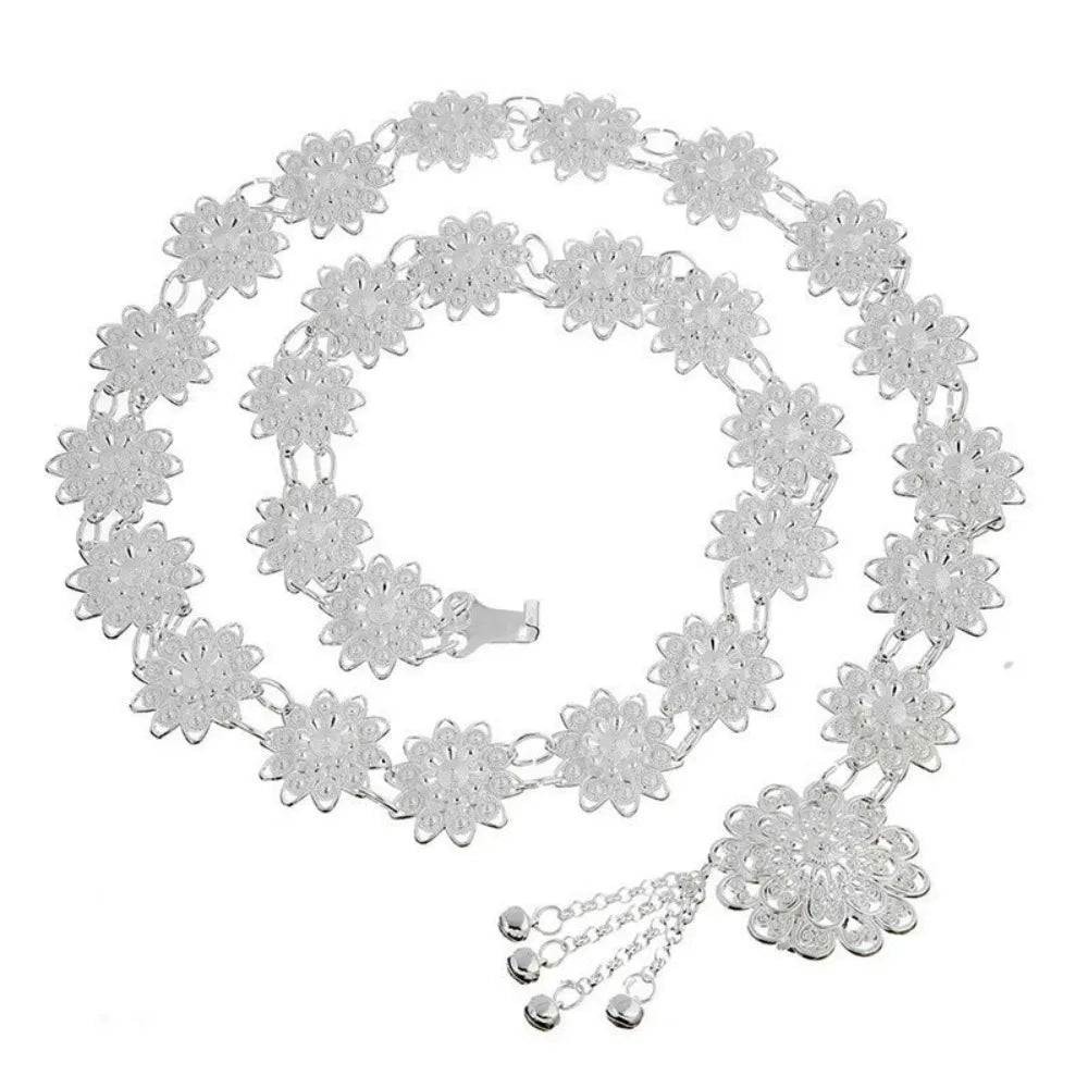 Traditional Metal Ethnic Belt – Hollow Tassel Bell, Silver & Gold Ethnic Waist Belt Qme Silver