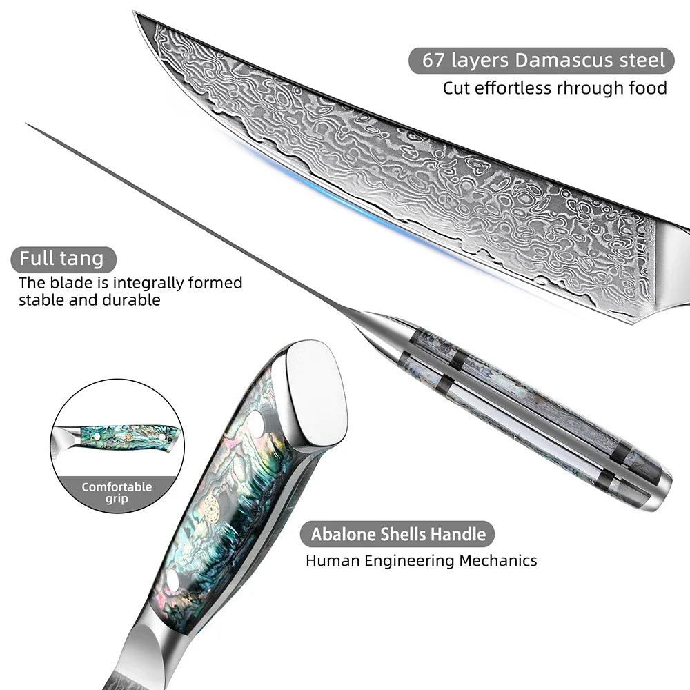 Damascus Steel Kitchen Knife Set – Abalone Handle | 1–5 Pcs Kitchen Knife Set Qst