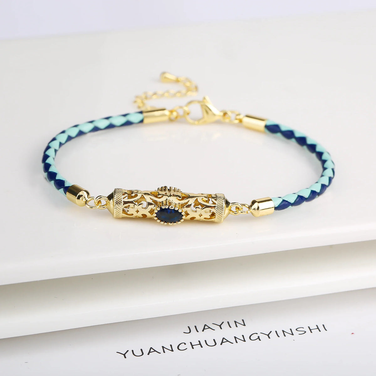 Gold-Plated Dragon Crystal Leather Braided Bracelet | Unisex Fashion Bracelet Qme Blue