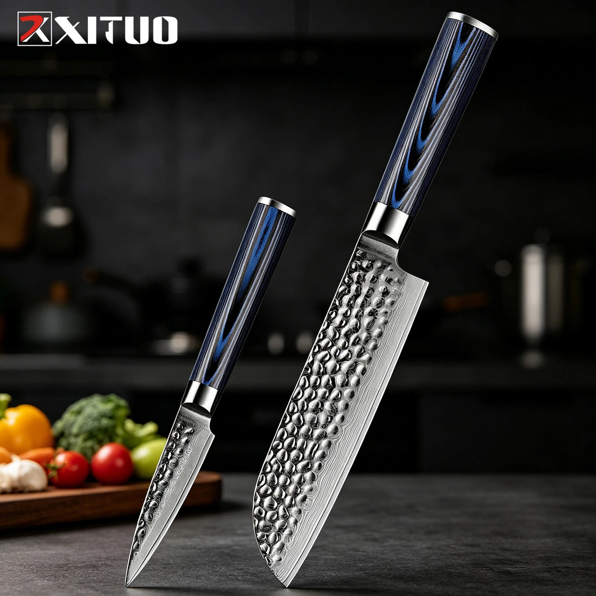 XITUO 4-Piece Damascus Steel Kitchen Knife Set – Hammered Kitchen Knife Set Qst 2PCS Knife A