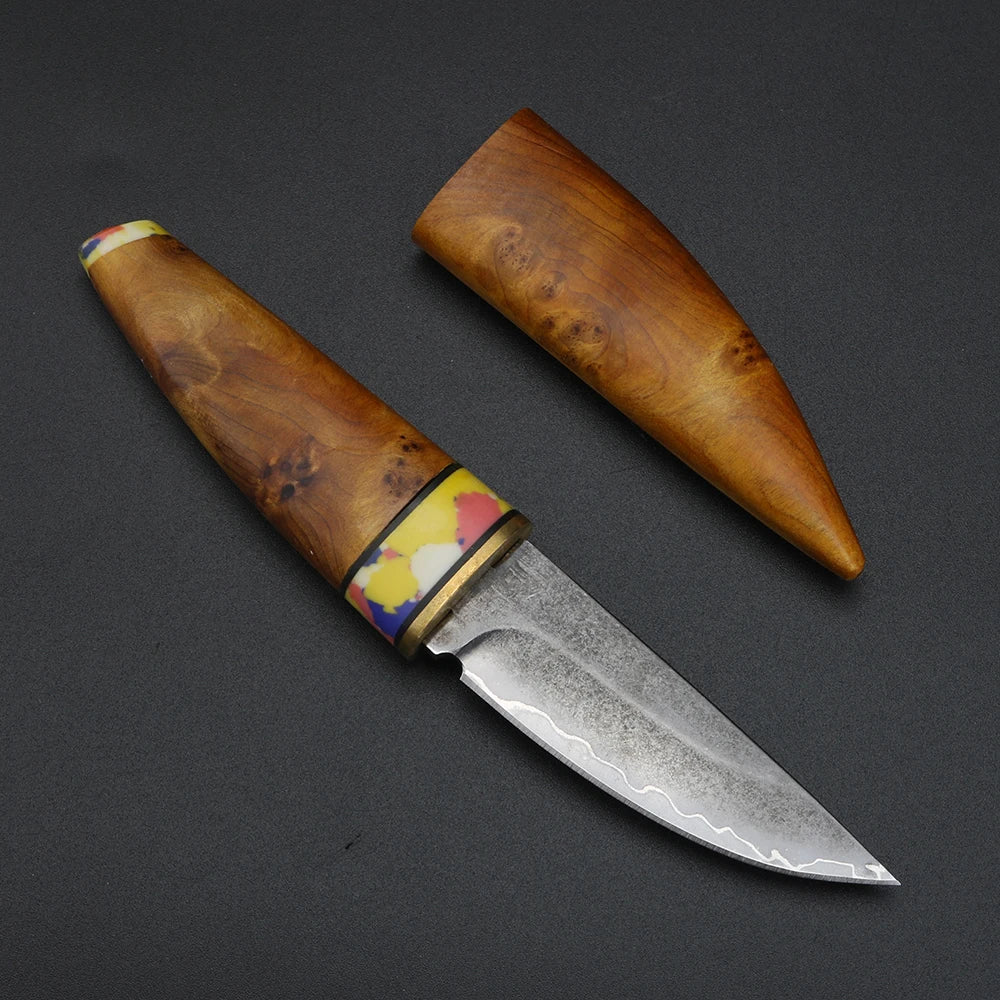 XUAN FENG SKD-11 Damascus Fixed Blade Knife – Wood Handle Fixed Blade Knife Qst