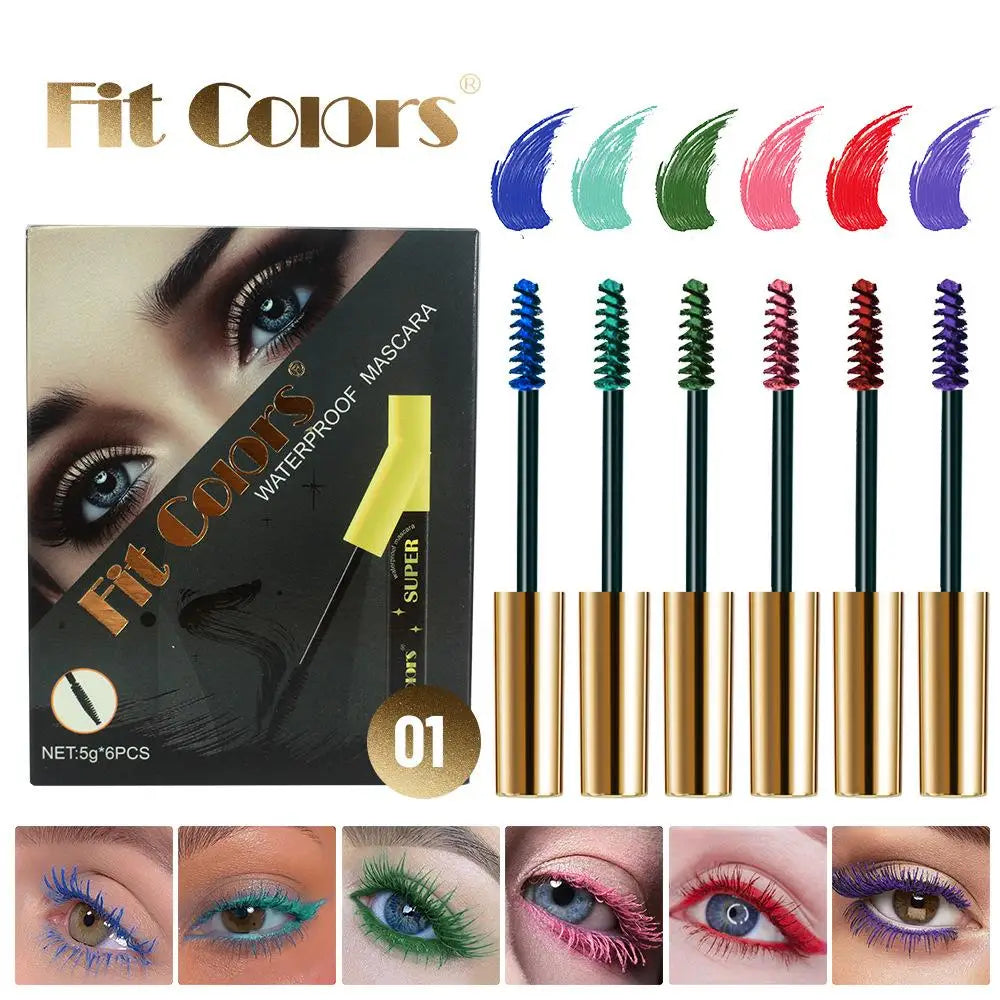 6-Color Waterproof Mascara Set – Curling, Blue & Green Shades Colored Mascara Set Qme Red