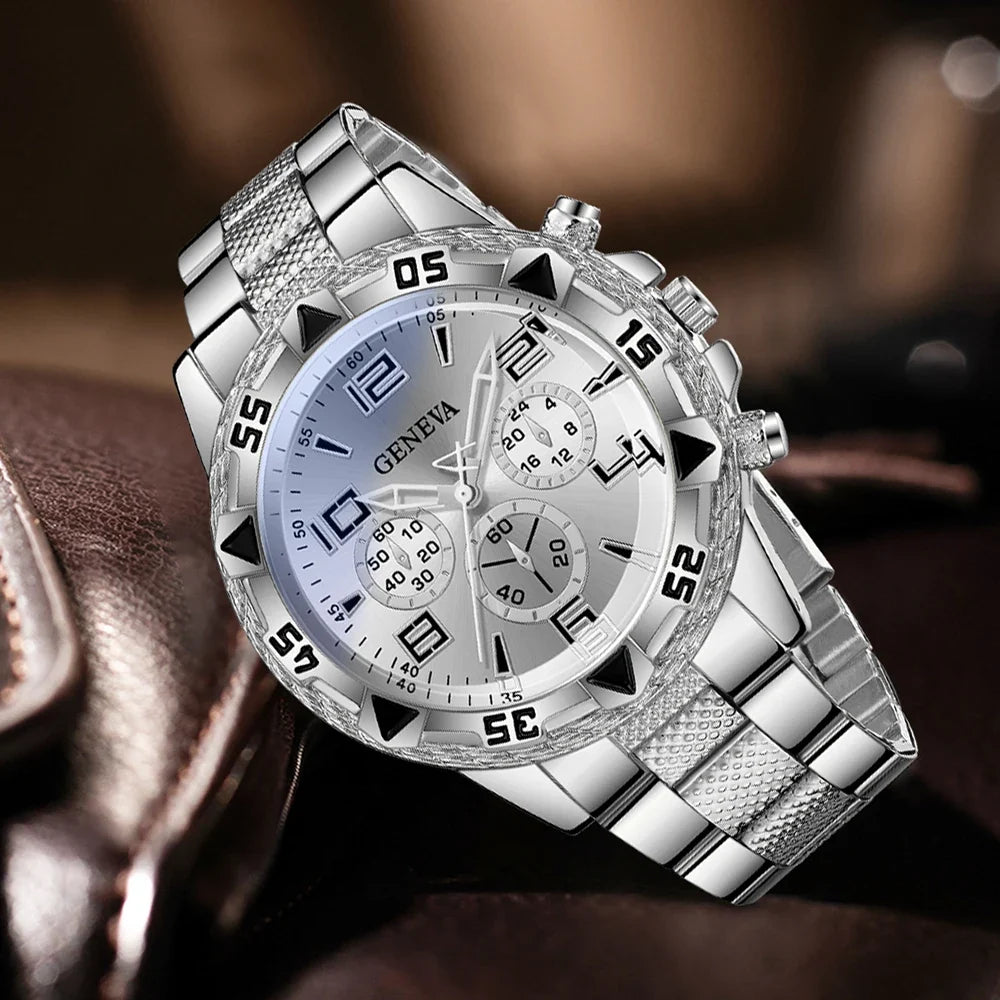 Geneva Silver Plate Men's Diamond Dial Steel Strap Watch Men's Fashion Watch Qme