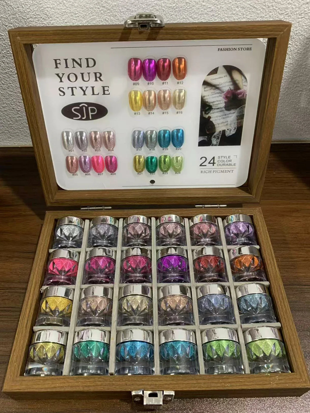 24-Color Mirror Nail Art Powder Set, Storage Box & DIY Charms Nail Art Powder Set Qme