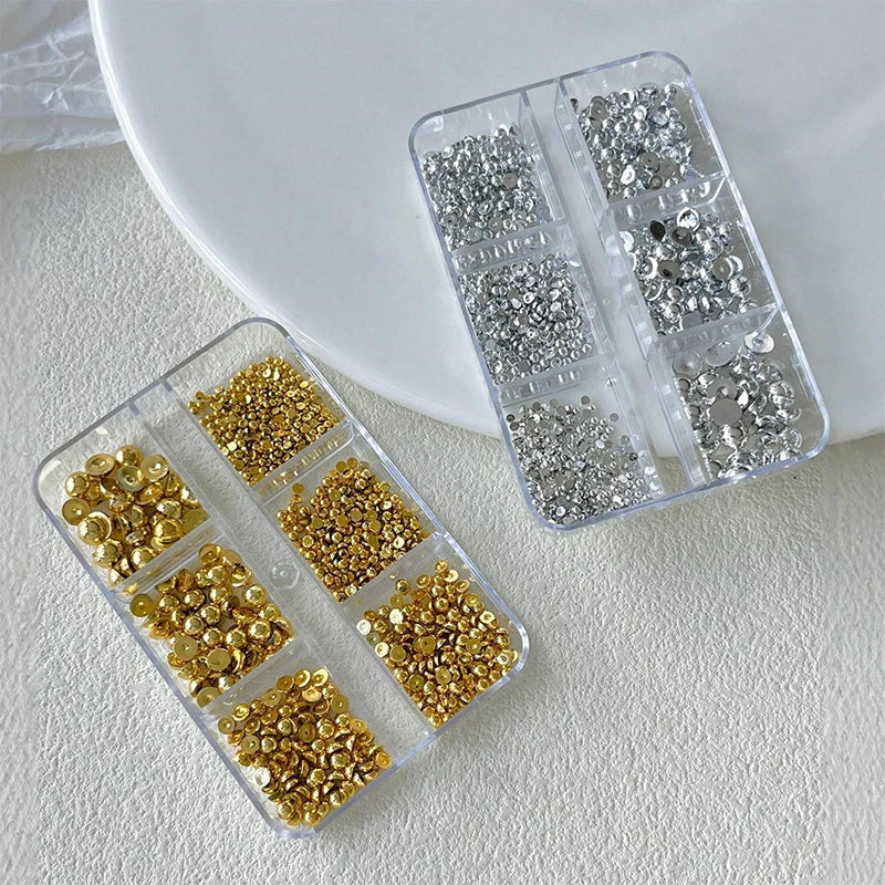 3D Half Round Ball Nail Art Studs – Gold & Silver 6 Grids Nail Art Studs Qme