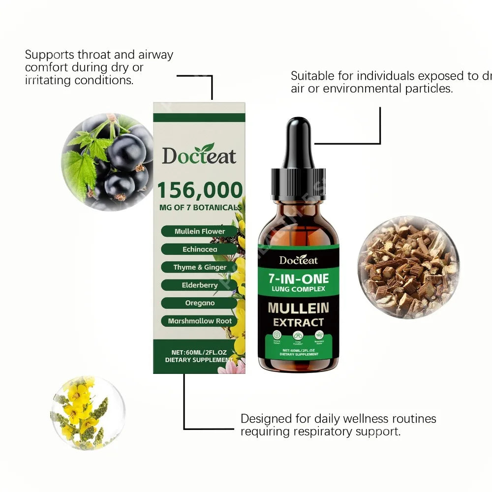 Docteat 7-in-1 Lung Complex Drops – Mullein & Elderberry 60ml Herbal Liquid Supplement Qst