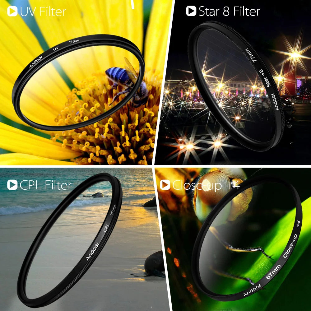 52mm Camera Filter Kit – UV, CPL, Macro & Star 8-Point Filters Camera Lens Filter Kit Qst