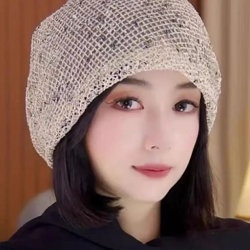 Korean Hollow Knit Hat – Breathable Summer Headscarf Knitted Summer Hat Qst Beige