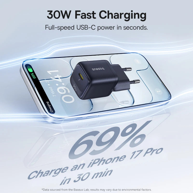 Baseus 30W GaN USB-C Fast Charger PD3.0 QC3.0 for iPhone GaN Wall Charger Qst