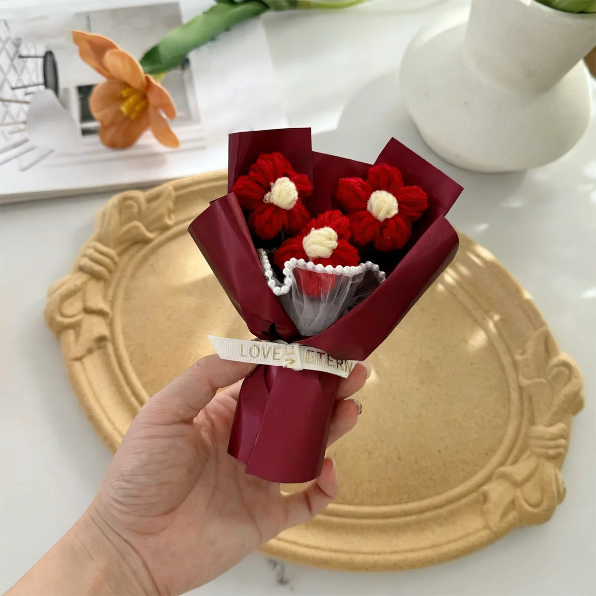 Handmade Crochet Rose Bouquet – Knitted Cotton Flower Gift Crochet Flower Bouquet Qme