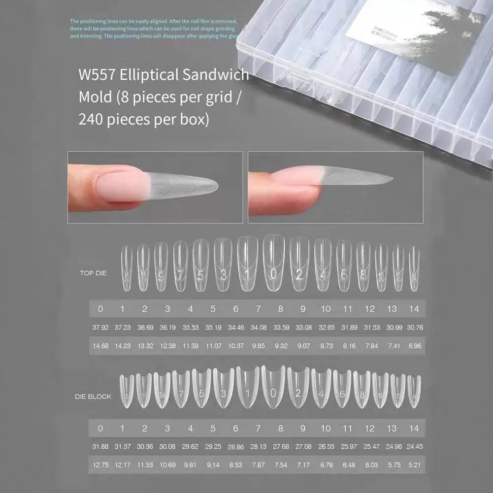 Qme Dual Almond Poly Gel Full Cover Reusable Nail Forms 240pc Nail Extension Molds Qme Transparent