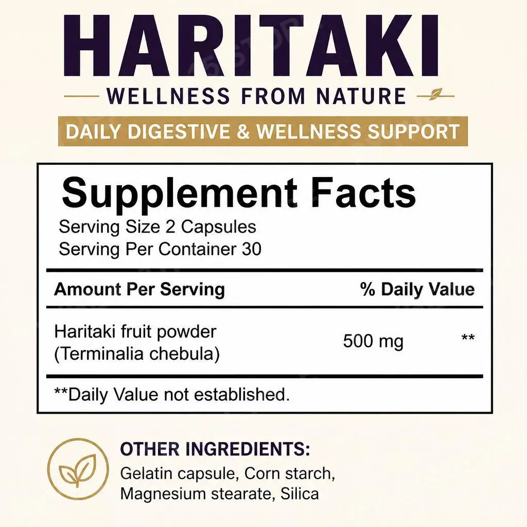 Haritaki Fruit Powder Capsules – Gut Health & Focus | 60 Caps Herbal Supplement Qst