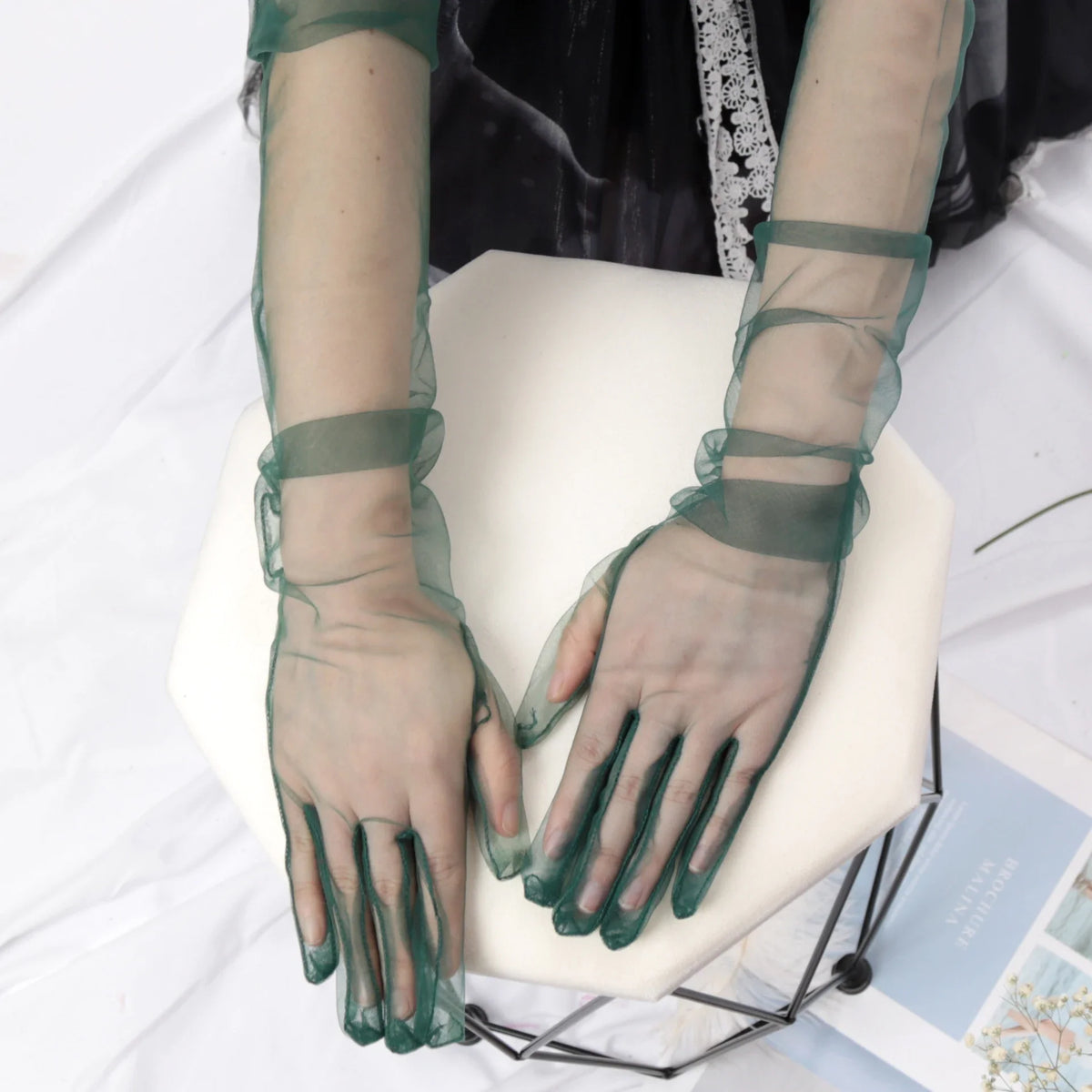 Women's Long Sheer Tulle Gloves Full Finger Mesh Arm Gloves Mesh Fashion Gloves Qme Black Green 55cm