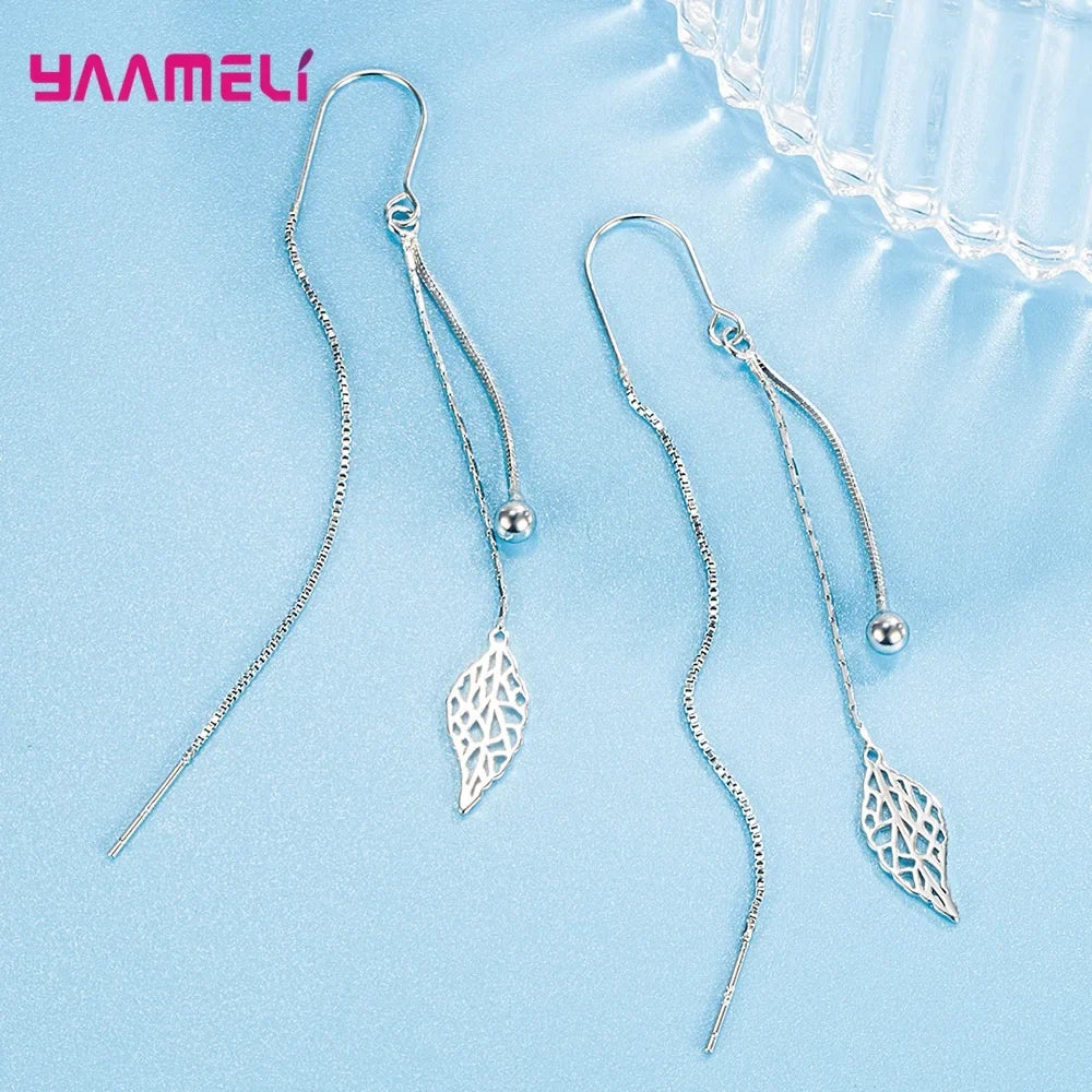 925 Sterling Silver Leaf Tassel Long Drop Earrings – 85mm Drop Earrings Qme