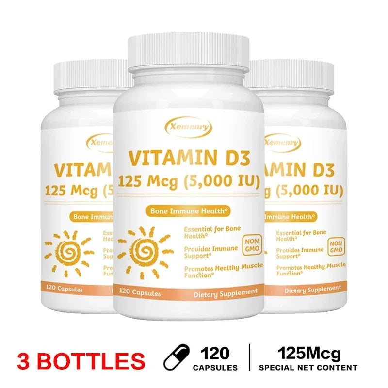 Xemenry Vitamin D3 5000 IU – Immune & Bone Support Vitamin D Supplement Qst 120 Capsule-3bottles