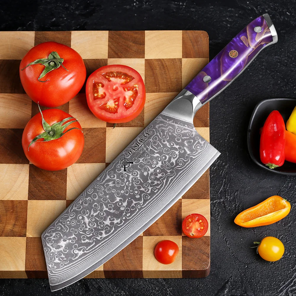 DASHWAY 7.5" Damascus Steel Cleaver Knife – Chef's Slicer Damascus Cleaver Knife Qst