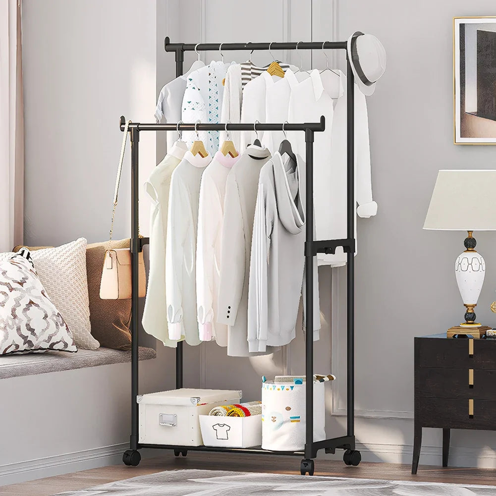 Double Rod Garment Rack with Wheels – Portable Clothes Organizer Rolling Garment Rack Qme
