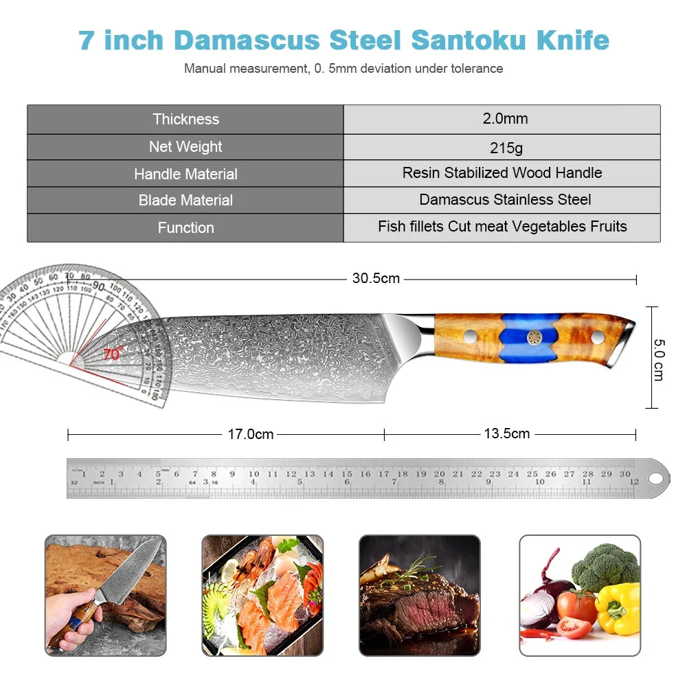 Xituo 7-Inch Damascus Santoku Knife – 67-Layer Steel & Blue Handle Santoku Knife Qst