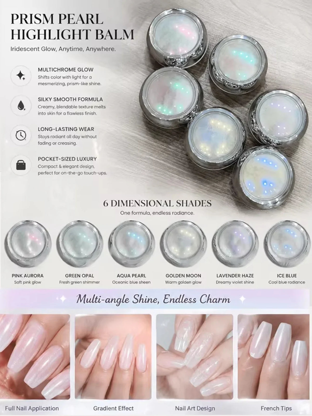 6-Piece Aurora Pearl Chrome Nail Powder Mirror Effect Pigment Chrome Nail Powder Qme