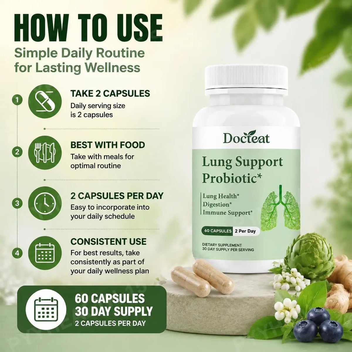 Probiotic Botanical Blend Capsules – 60 Count Daily Wellness Probiotic Supplement Qst