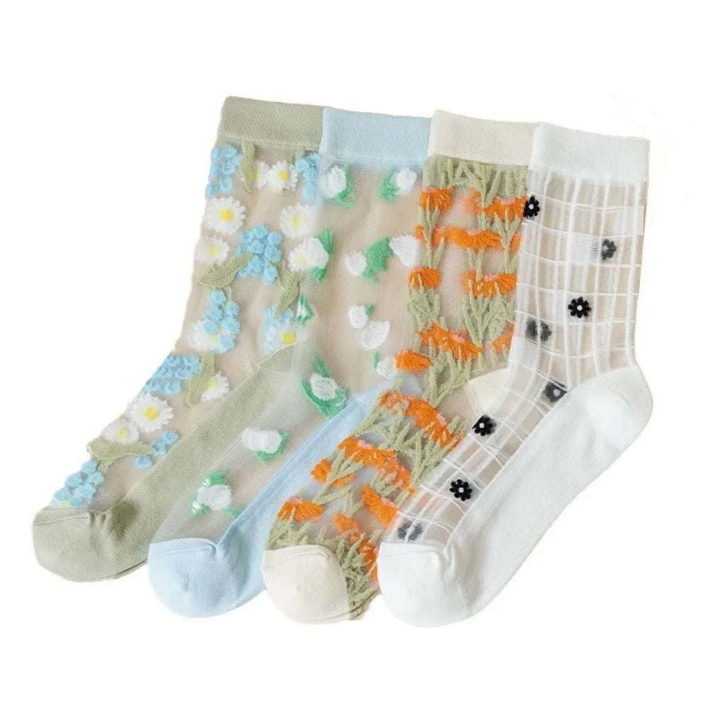 Floral Embroidery Tulle Socks – Sheer Crystal Silk Mesh Embroidery Tulle Socks Qme