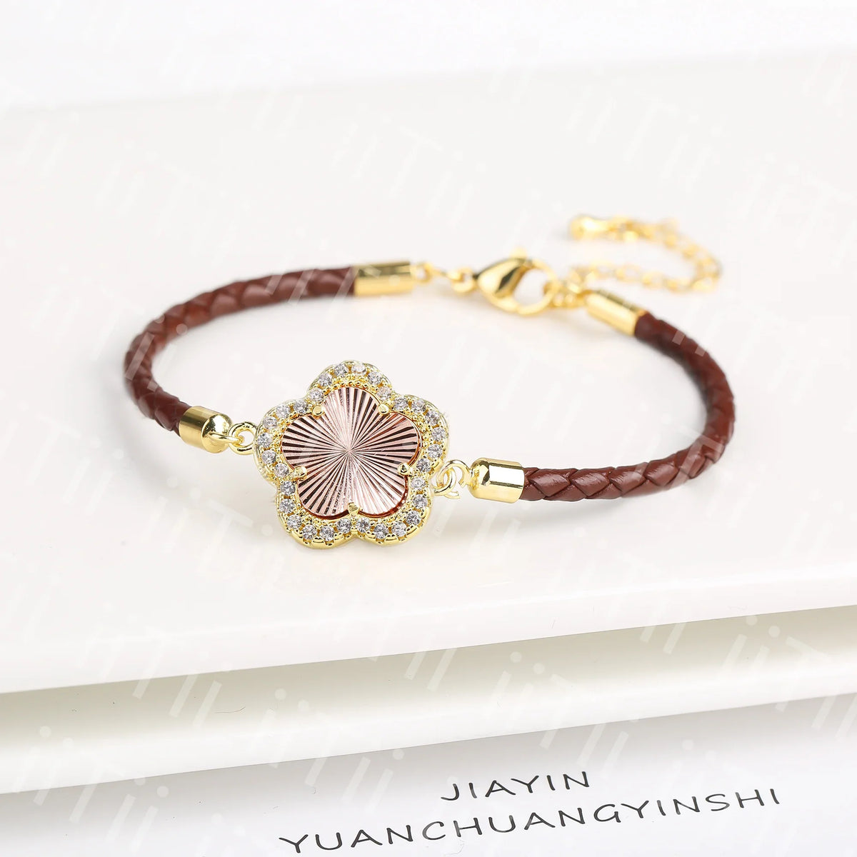 Zirconia Flower Leather Braided Bracelet for Women | 39 Colors