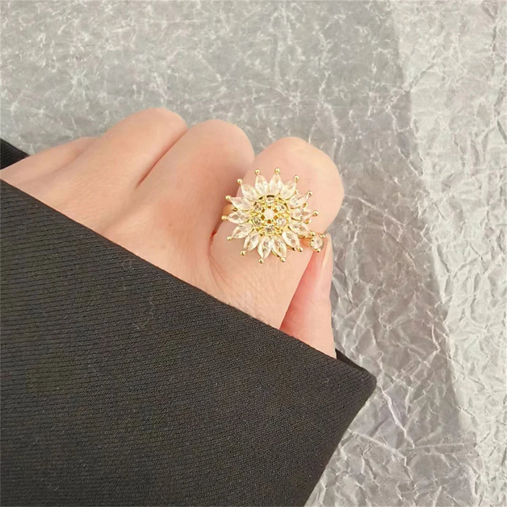 Women's Crystal Sunflower Fidget Spinner Ring – Stainless Steel Spinner Fashion Ring Qme