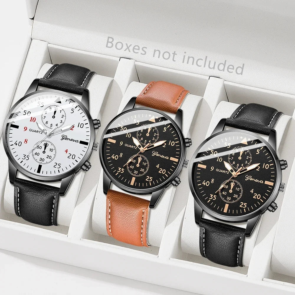 Geneva Men's Leather Strap Quartz Watch – Three-Eye Dial Men's Quartz Watch Qme
