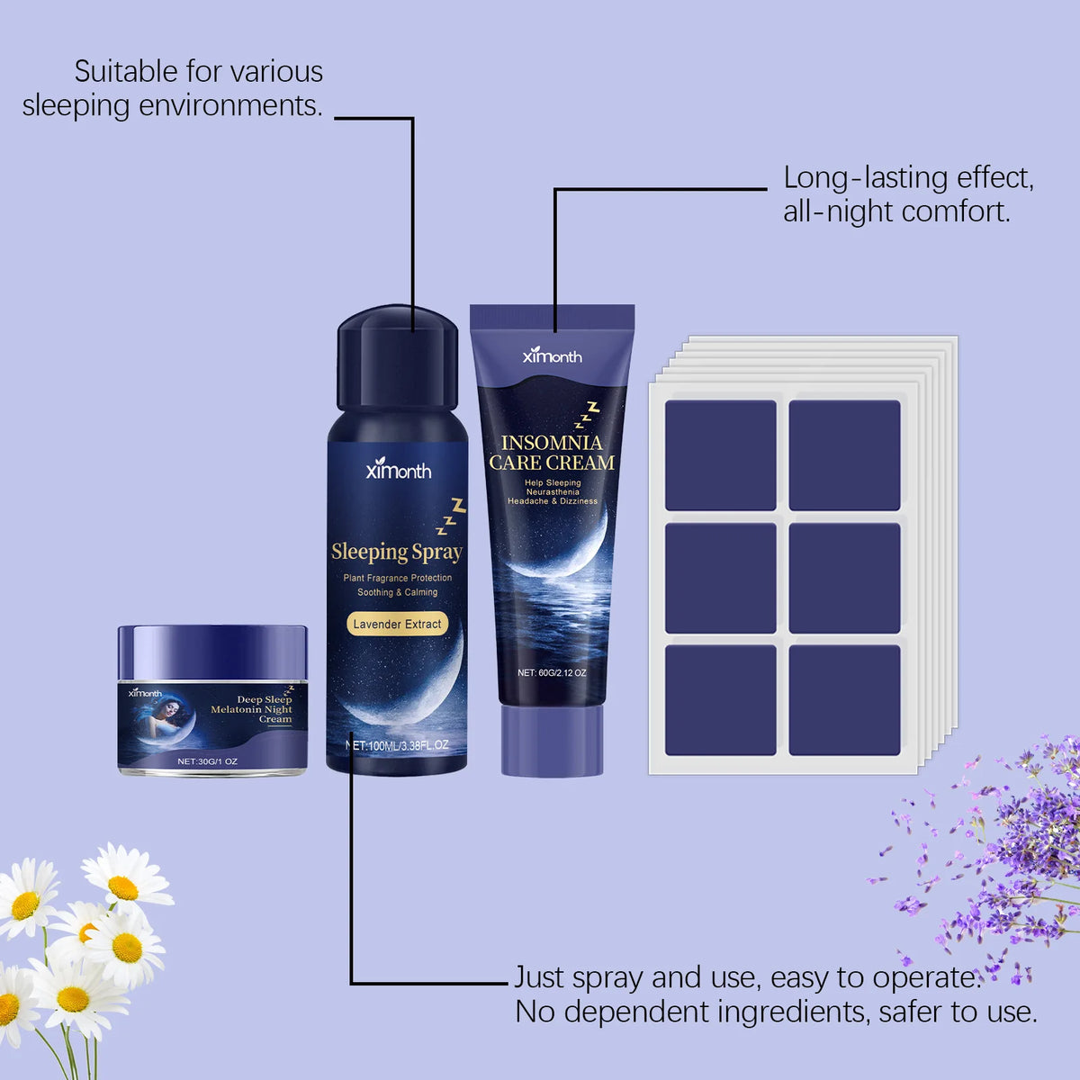 Ximonth Lavender Sleep Patch, Night Cream & Pillow Spray Set Aromatherapy Sleep Set Qst
