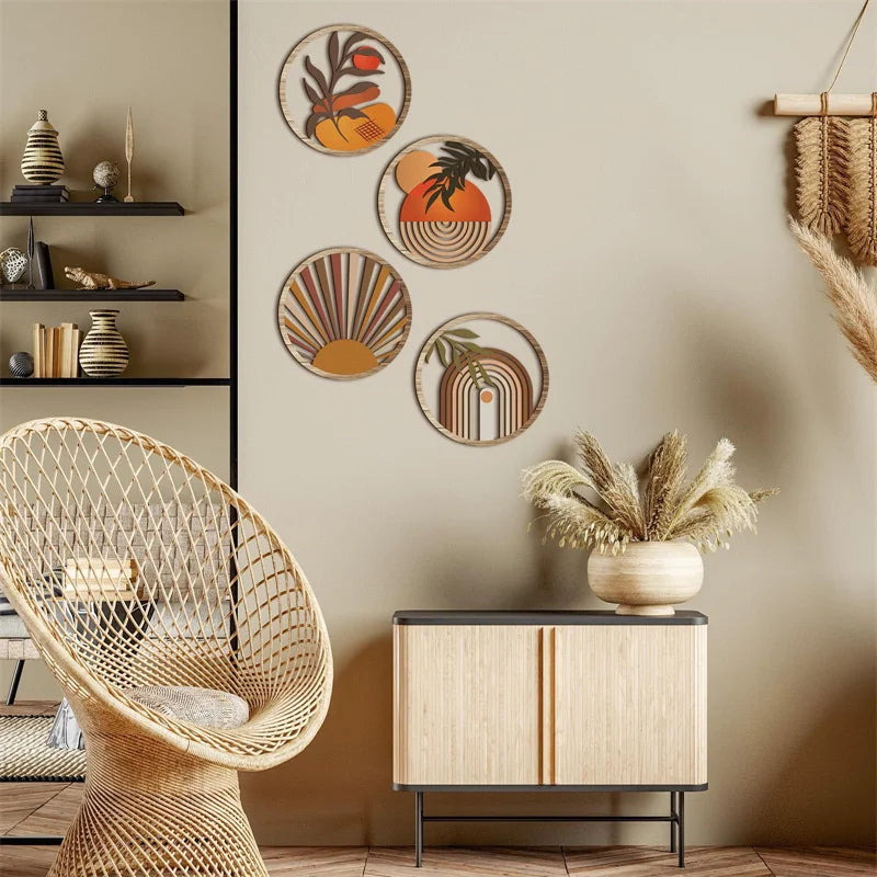 Round Wooden Bohemian Wall Art | Farmhouse Boho Home Decor Wooden Wall Hanging Qme