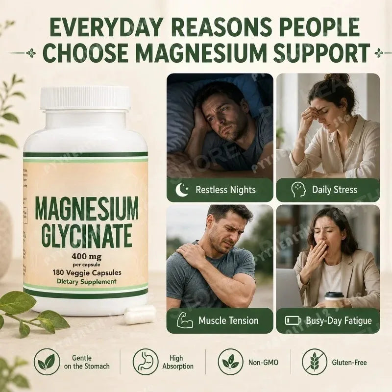 Magnesium Glycinate 400mg Vegan Capsules – 180 Count Mineral Supplement Qst