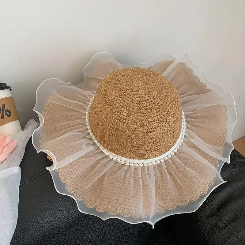 Women's Wide Brim Lace Bow Straw Sun Hat – Beach & Vacation Wide Brim Sun Hat Qst D one size