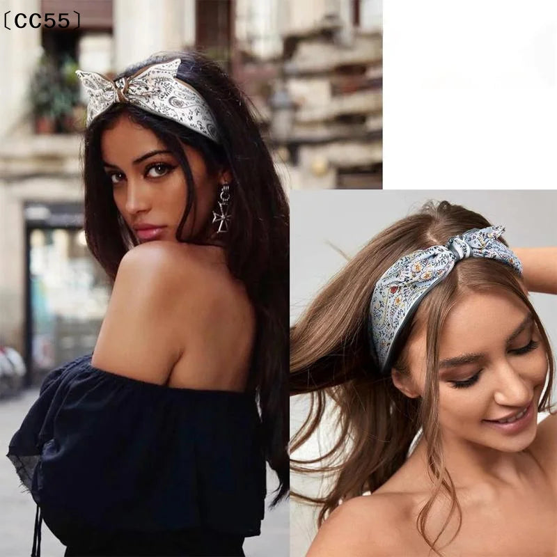 Retro Bohemian Floral Paisley Rabbit Ear Bow Headband Women Boho Hair Headband Qst