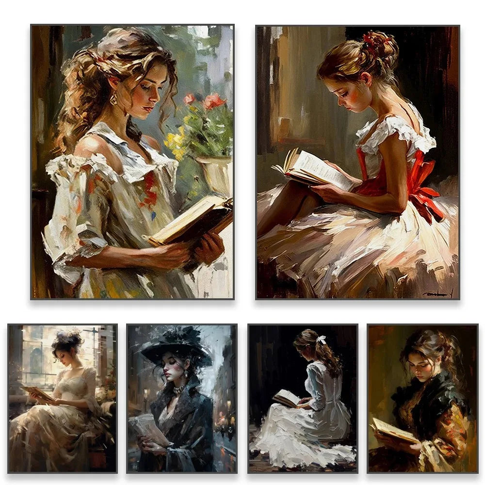Woman Reading Retro Canvas Print – Lady Portrait Wall Art Décor Canvas Wall Art Qst