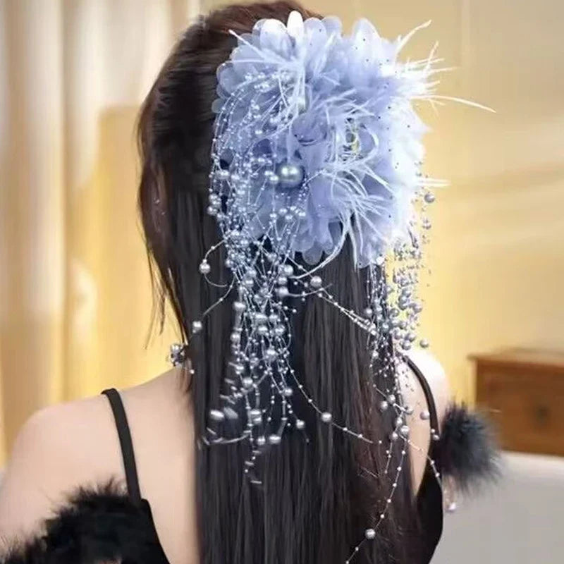 Women's Luxury Mesh Flower Pearl Tassel Hair Clips Hair Clip Qme Light blue