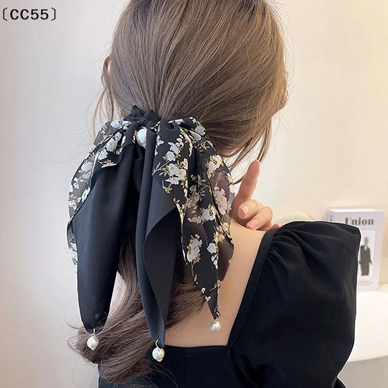 Chiffon Floral Hair Scrunchie – Vintage Ponytail Scarf Tie Hair Scrunchie Qst