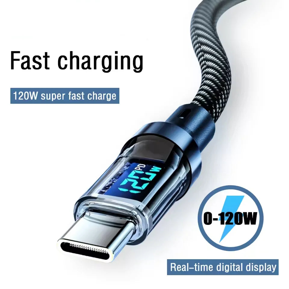 120W USB-C Fast Charging Cable with LED Display | Nylon Braided USB Charging Cable Qme