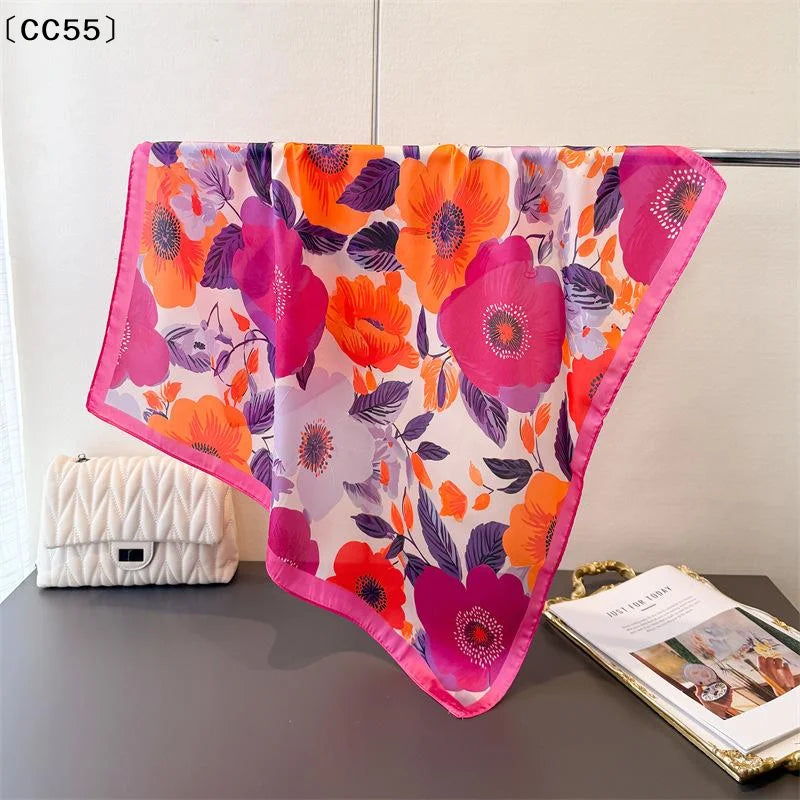 Luxury Floral Square Scarf – Imitation Silk Shawl for Women Square Silk Scarf Qst