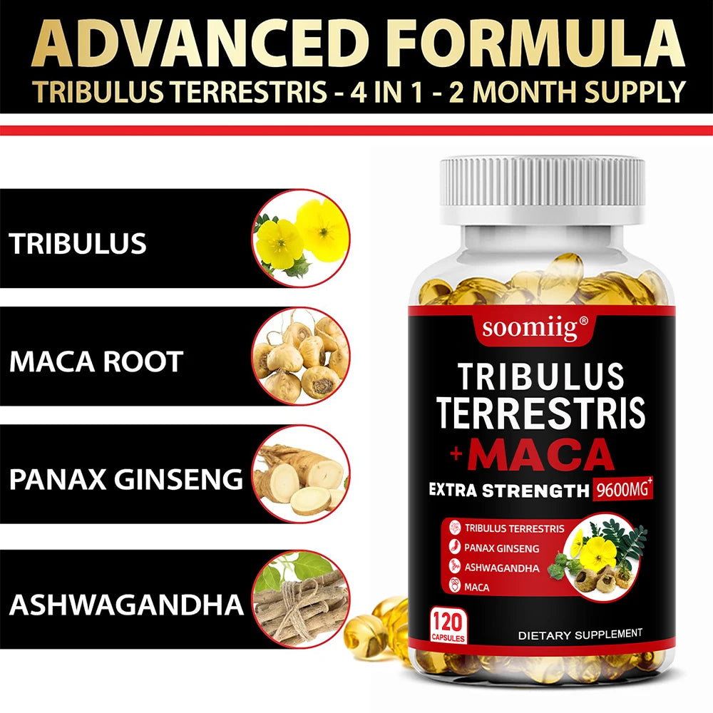 Tribulus Terrestris Capsules with Ashwagandha, Ginseng & Maca Herbal Supplement Qst