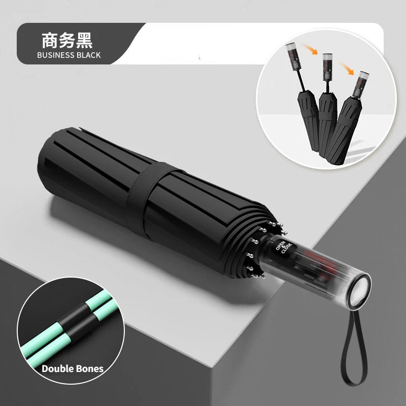 24-Bone Auto Umbrella – UV Protection & Wind Resistant Automatic Folding Umbrella Qst Black