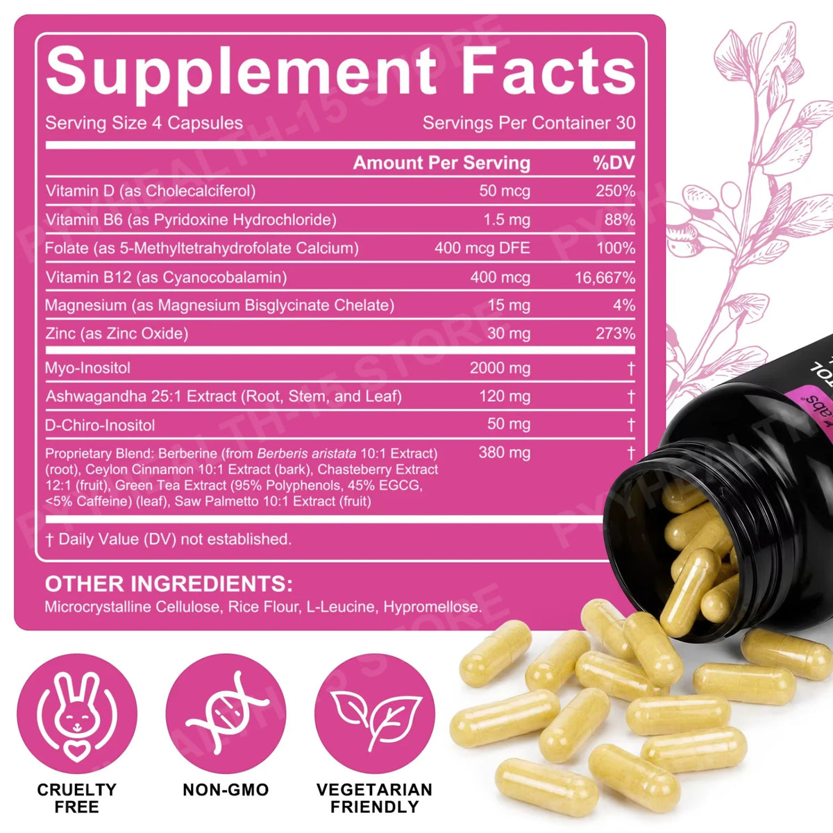 ArtoaLabs Myo Inositol D-Chiro Capsules + Folate D3 Ashwagandha Women's Supplement Qst