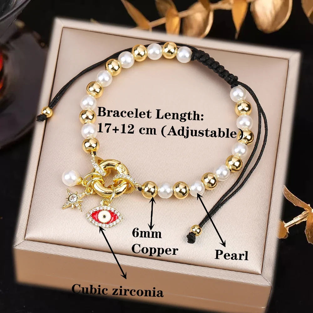 Black Braided Pearl Evil Eye Copper Bead Bracelet | 10 Colors Beaded Charm Bracelet Qme