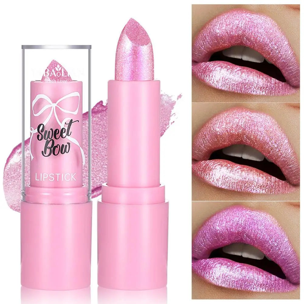 Metallic Pink Glitter Lipstick – Long-Lasting Diamond Shine Glitter Lipstick Qme