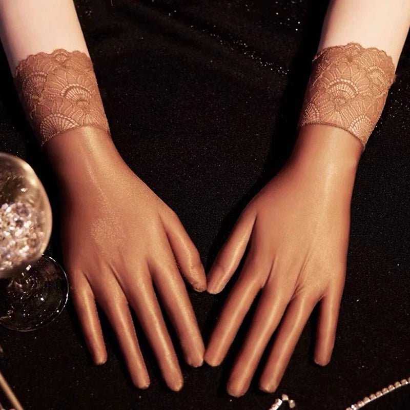 Women's Oil Glossy Ultra-Thin Elastic Wrist Gloves Fashion Wrist Gloves Qst coffee lace trim
