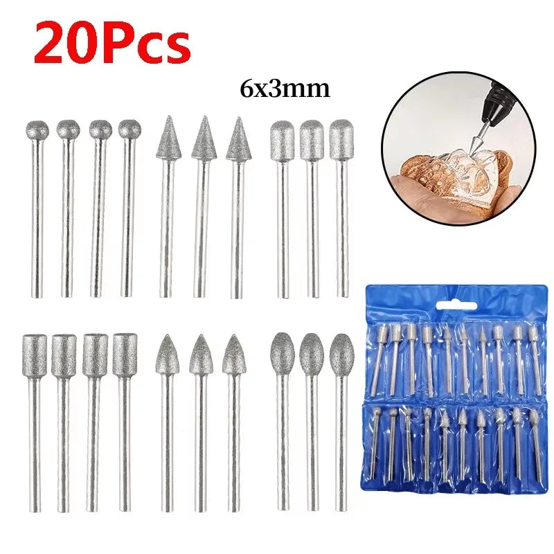 20-Piece Diamond Grinding Head Set – Carving & Polishing Kit Rotary Tool Accessory Qme 20pcs