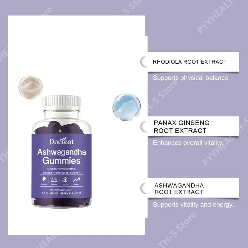 Ashwagandha Gummies 60ct – Rhodiola, Ginseng & Cordyceps Wellness Gummies Qst