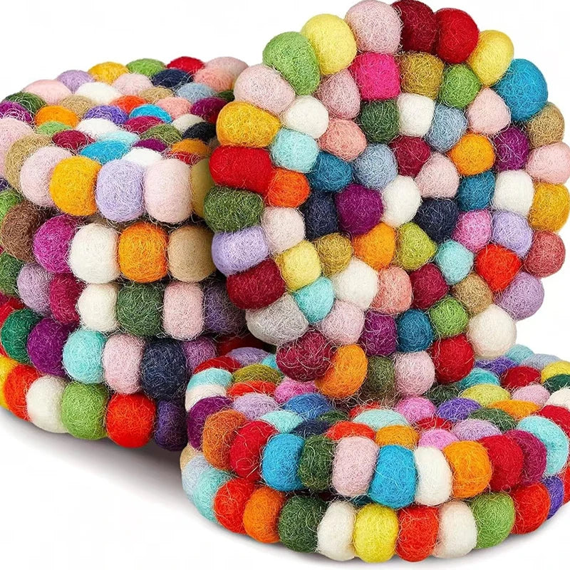 Handmade Felt Ball Coasters – 4" Colorful Round Wool Cup Mats Felt Ball Coasters Qst